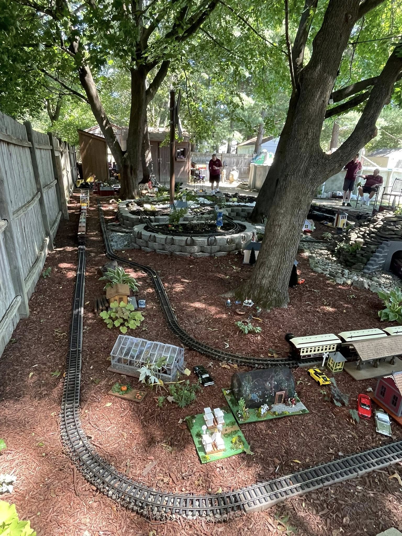 Aerial view of multi-level garden railway